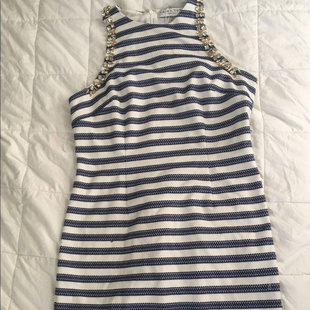 Trina Turk Navy and White Striped Rhinestone Dress